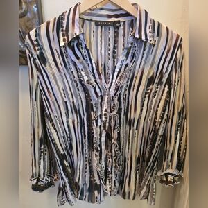 Sioni Women's Button Down Striped Blouse - Brown, Blue, Cream Large